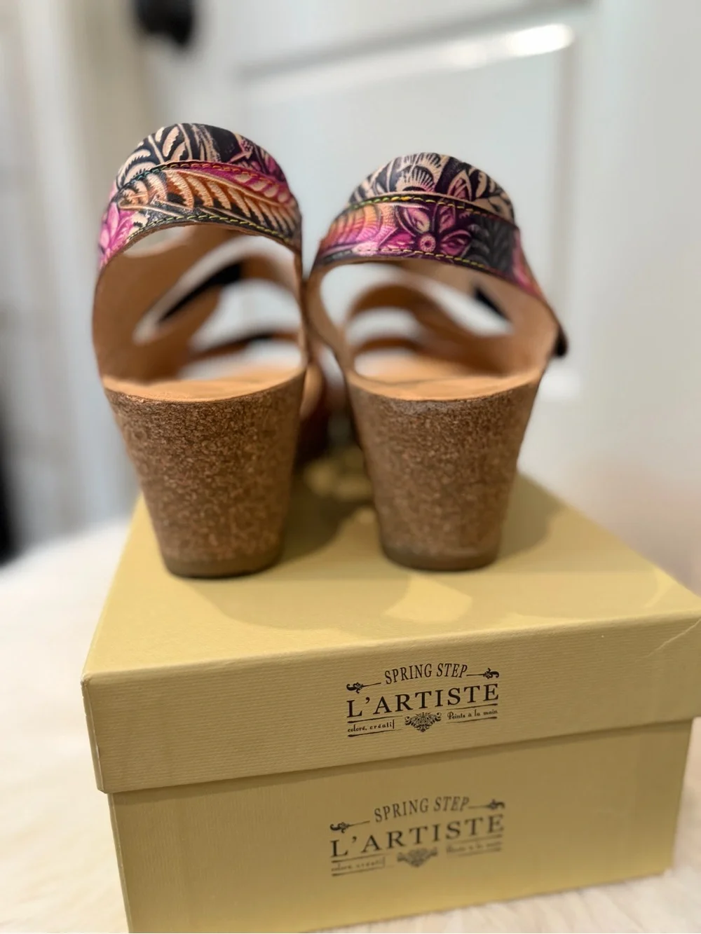 Spring Step L'Artiste Floral Multi Wedge Sandals - Pink and Orange